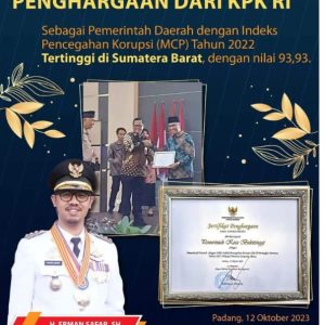 Kota Bukittinggi Dalam Pencegahan Korupsi MCP 2022 Mendapatkan Peringkat Satu, KPK Berikan Penghargaan