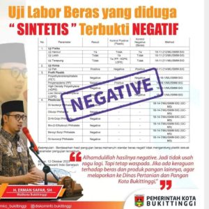 Terkait Beras Sintetis Hasil  Labor Negatif, Wako Bukittinggi Himbau Pada Masyarakat Tetap Waspada